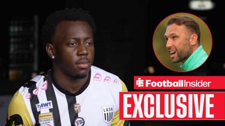 George Bello in a video for LASK, with John Eustace in a circular inset