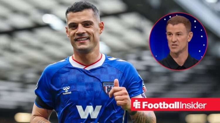 Granit Xhaka smiles during a game for Sunderland, as Joe Hart watches from a circular inset.