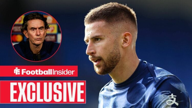 Football Insider exclusive as Guglielmo Vicario wamrs up for Tottenham, while manager Thomas Frank glares across from a circular inset.