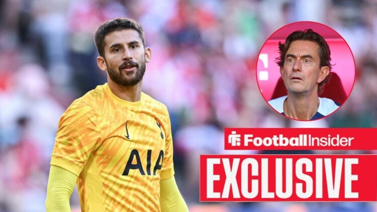 Guglielmo Vicario looking focused on the left for Tottenham with Thomas Frank shocked on the right