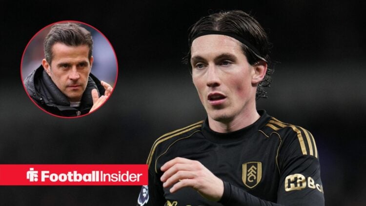 Harry Wilson in action for Fulham, with Marco Silva in a circular inset