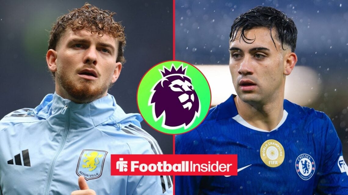 A split image as Harvey Elliott and Facundo Buonanotte feature either side of a central Premier League logo.