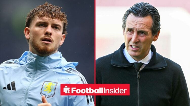 Harvey Elliott in an Aston Villa jacket alongside Unai Emery at Villa Park