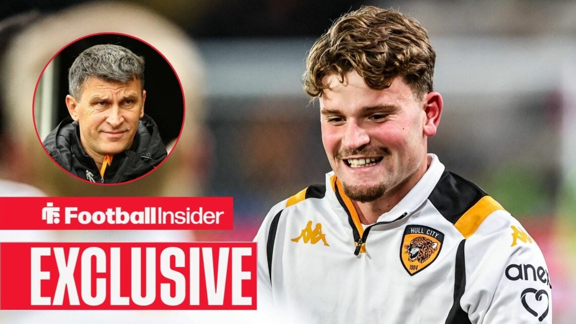 Football Insider exclusive as Hull City youngster Hugh Parker warms up for a game, while manager Sergej Jakirovic watches from a circular inset.