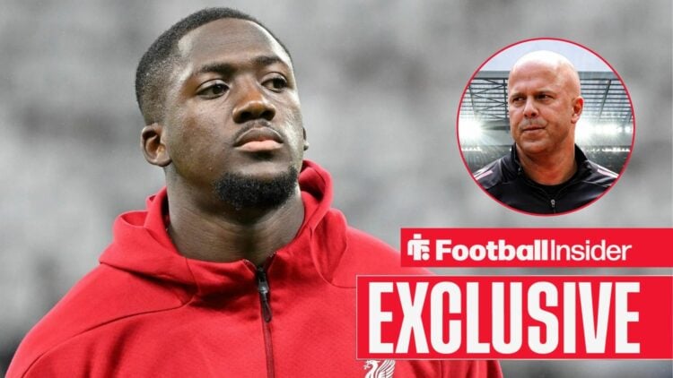 Football Insider exclusive as Ibrahima Konate stands before a game for Liverpool, as manager Arne Slot watches on from a circular inset.