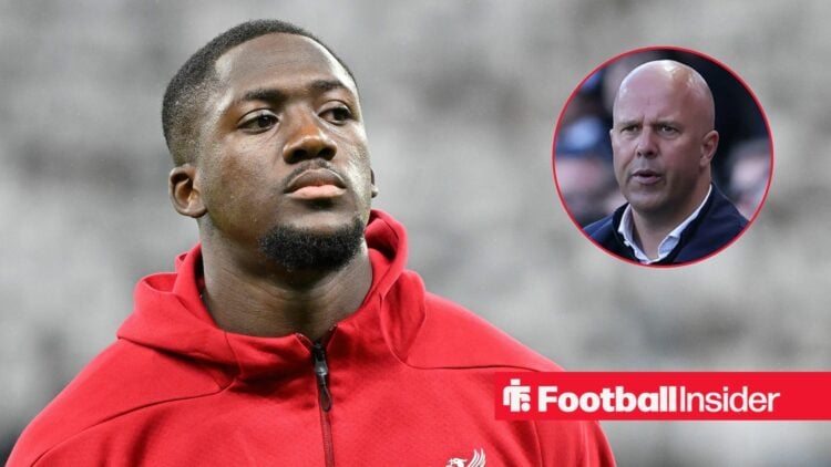 Ibrahima Konate pre-match for Liverpool, with Arne Slot in a circular inset