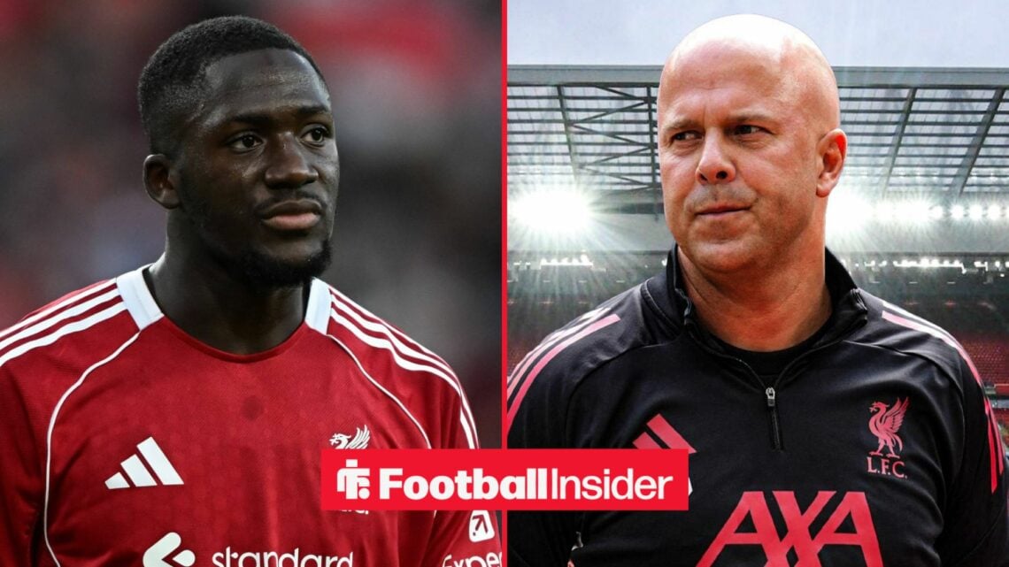 Ibrahima Konate in a Liverpool shirt alongside Arne Slot looking concerned at Anfield