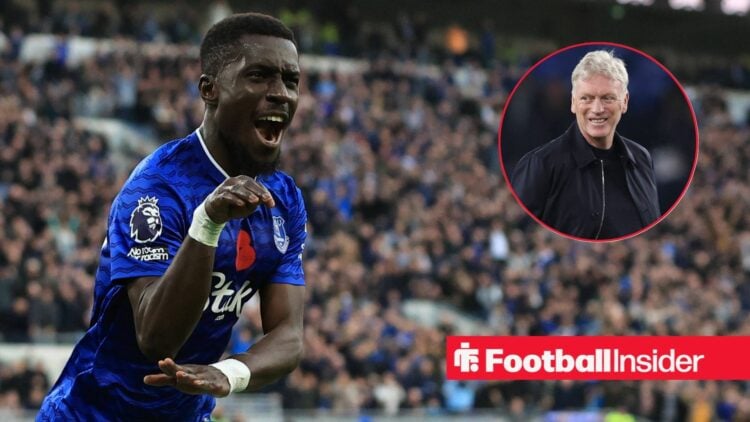 Idrissa Gueye celebrating, David Moyes in a circular inset