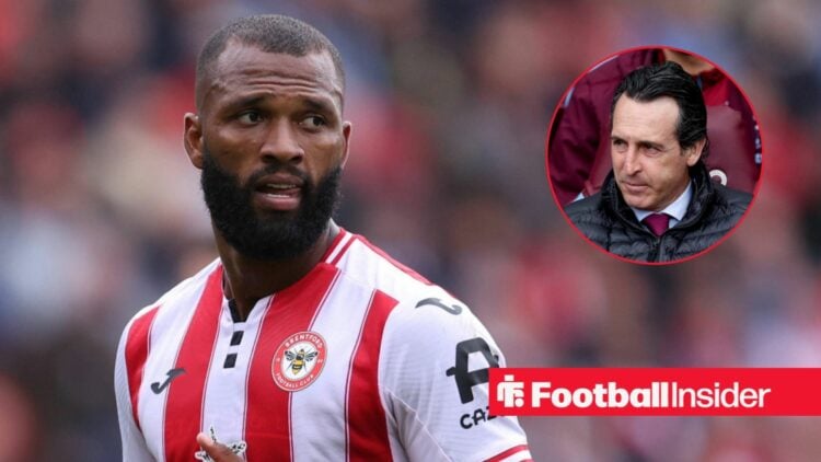 Igor Thiago in action for Brentford, with Unai Emery in a circular inset