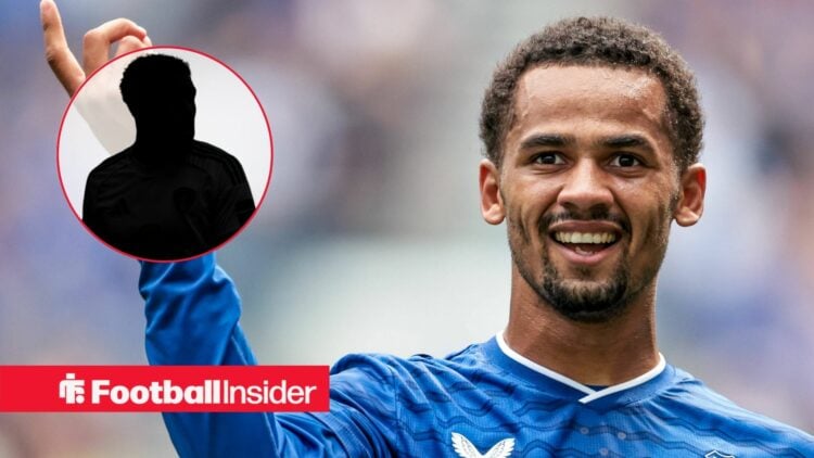 Iliman Ndiaye smiling, Jayden Bogle's silhouette in a circular inset