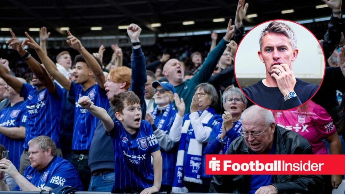 Ipswich Town fans in the stands as manager Kieran McKenna bites his nails in a circular inset.
