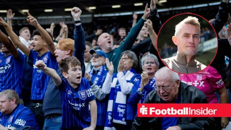 Ipswich Town fans celebrate, as manager Kieran McKenna smiles in a circular inset.