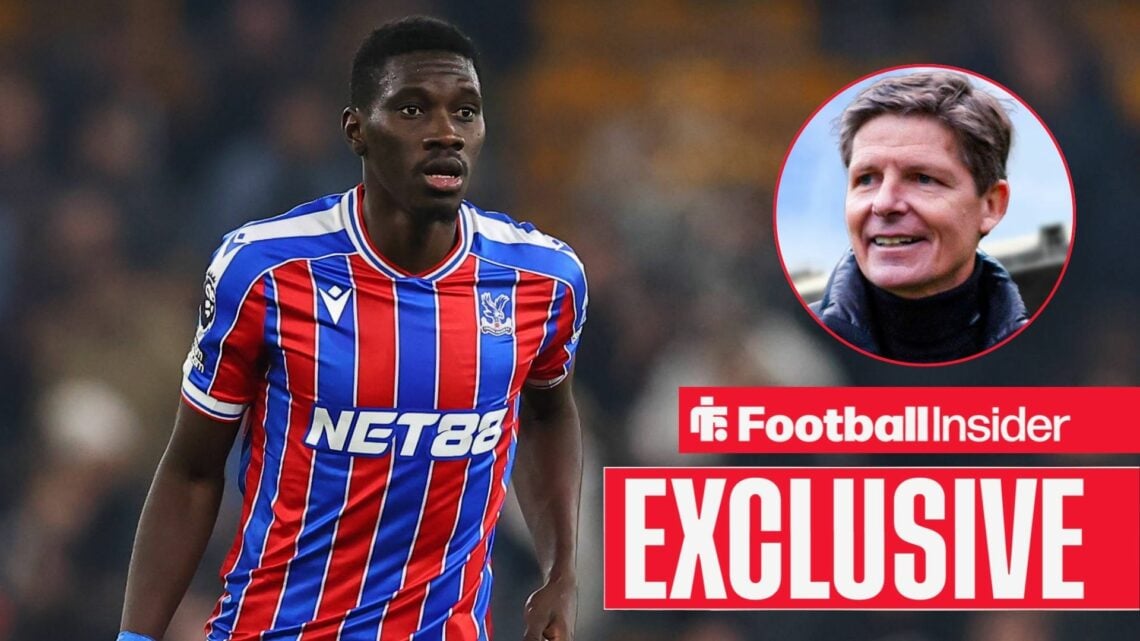 Football Insider exclusive as Ismaila Sarr is in action during a game for Crystal Palace, as manager Oliver Glasner smiles in a circular inset.