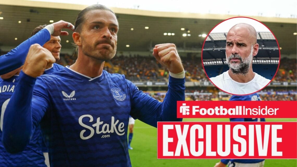 Football Insider exclusive as Jack Grealish punches the air after a goal for Everton, while Manchester City manager Pep Guardiola watches on from a...