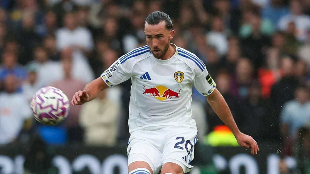 Jack Harrison delivers a cross during a game for Leeds United.