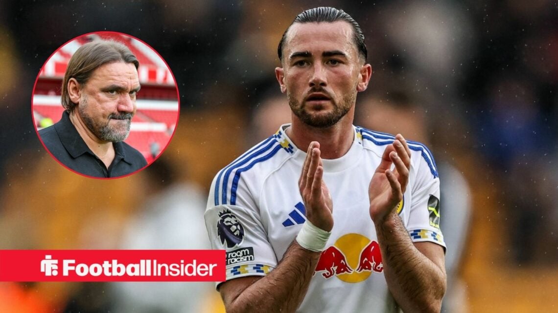 Jack Harrison applauds after a game for Leeds, as manager Daniel Farke glares at him from a circular inset.