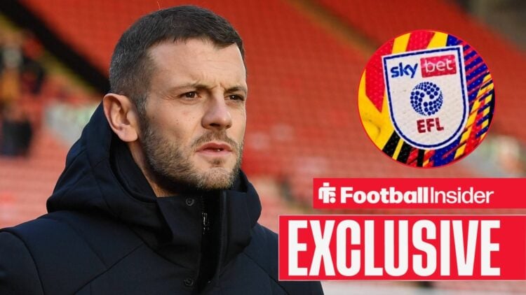 Football Insider exclusive as Luton Town manager Jack Wilshere stares towards a circular inset, which features the EFL logo.