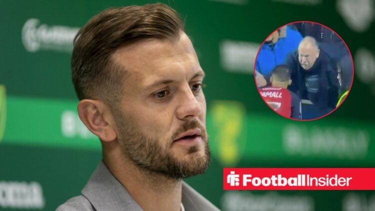 Jack Wilshere sits in a press conference, as a Luton Town fan features in a circular inset.