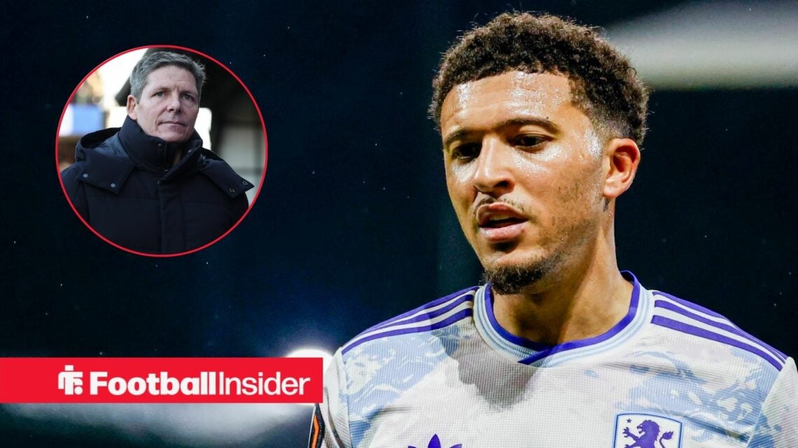 Jadon Sancho playing for Aston Villa, Oliver Glasner in a circular inset