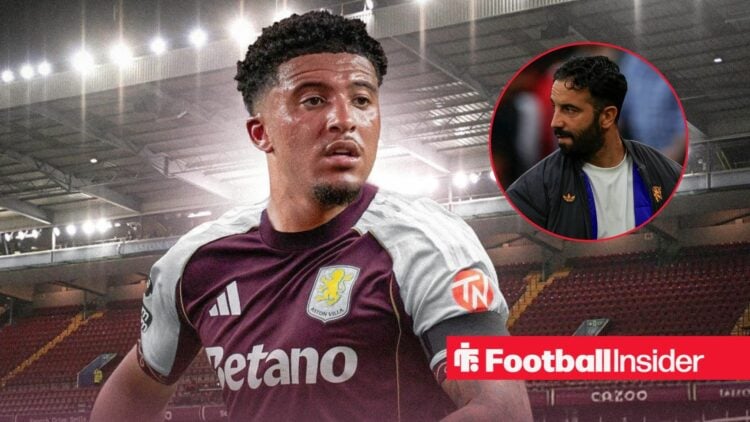 Jadon Sancho in an Aston Villa shirt with Ruben Amorim included in a circular inset