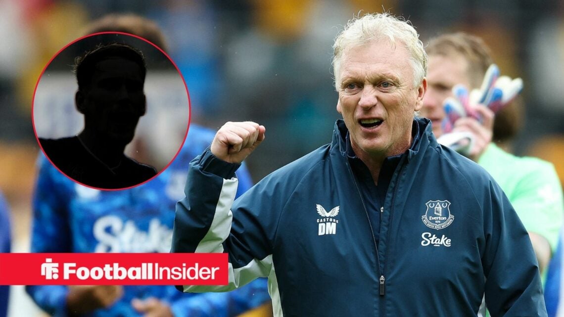 James Garner's silhouette on the left with David Moyes roaring with joy for Everton on the right