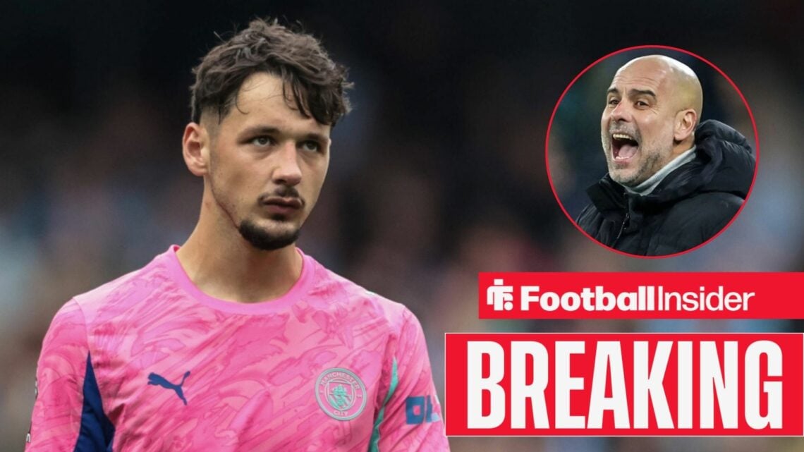 James Trafford in action for Man City, with Pep Guardiola in a circular inset