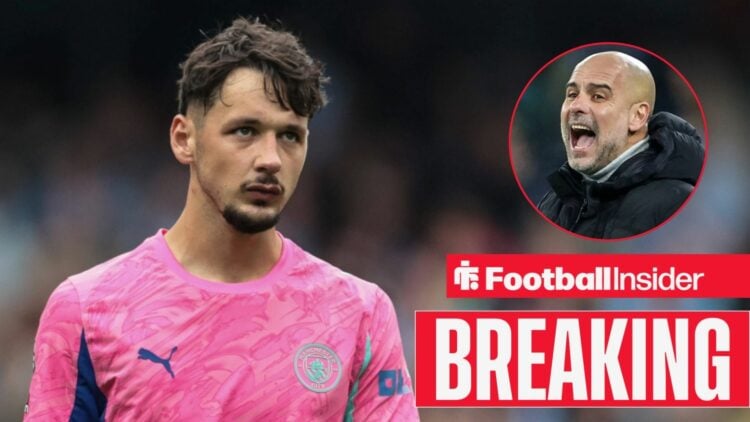 James Trafford in action for Man City, with Pep Guardiola in a circular inset