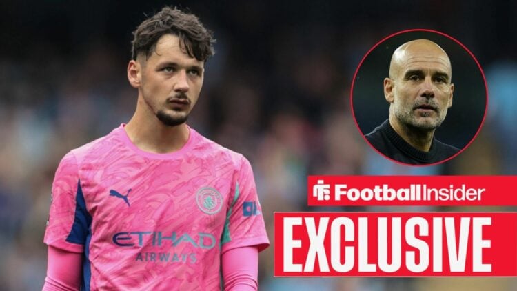 Football Insider exclusive as Manchester City goalkeeper James Trafford looks pleadingly towards a circular inset, where Pep Guardiola watches on.