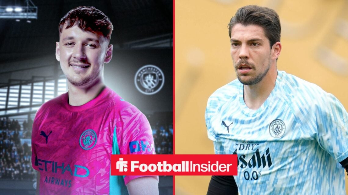 James Trafford in a Man City shirt alongside Stefan Ortega in a Man City training shirt