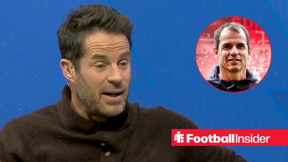 Jamie Redknapp looks amazed in the Sky Sports studio as Sunderland manager Regis Le Bris grins in a circular inset.