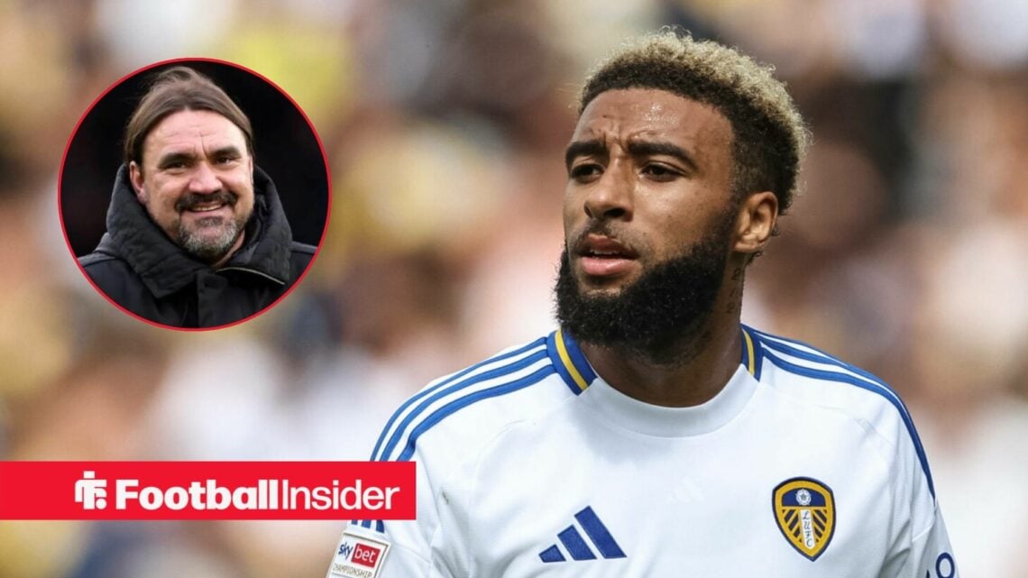 Jayden Bogle in action for Leeds United, with Daniel Farke in a circular inset