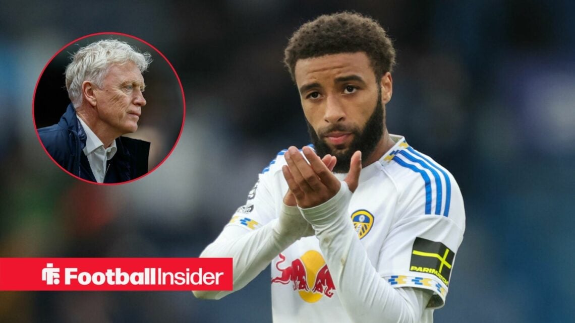 Jayden Bogle applauds after a game for Leeds United, as Everton manager David Moyes watches from a circular inset.