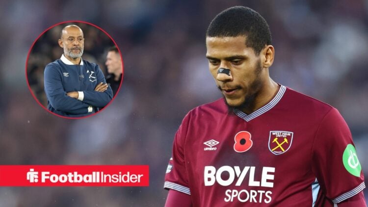 Jean-Clair Todibo playing for West Ham, Nuno Espirito Santo in a circular inset
