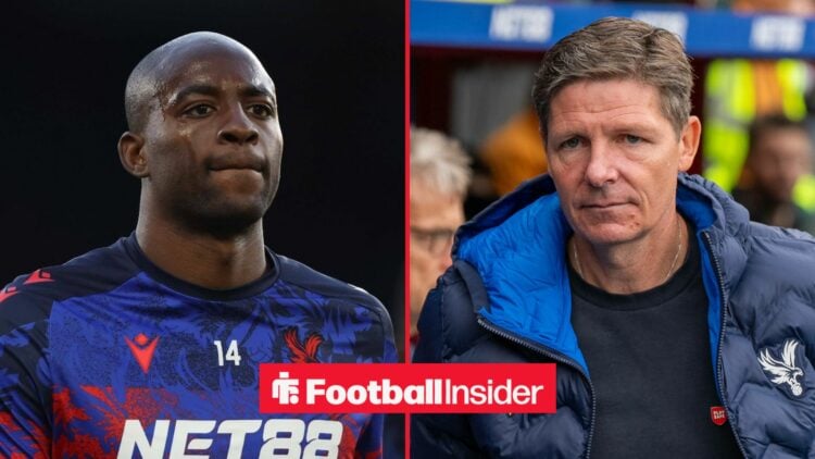 Jean-Philippe Mateta in action for Crystal Palace, with Oliver Glasner on the sidelines