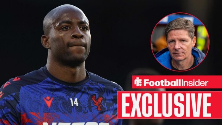 Jean-Philippe Mateta looking focused on the left for Crystal Palace with Oliver Glasner serious on the right