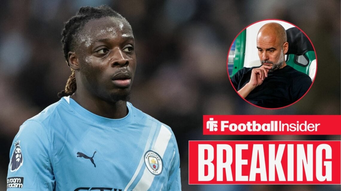 Jeremy Doku playing for Man City, Pep Guardiola in a circular inset