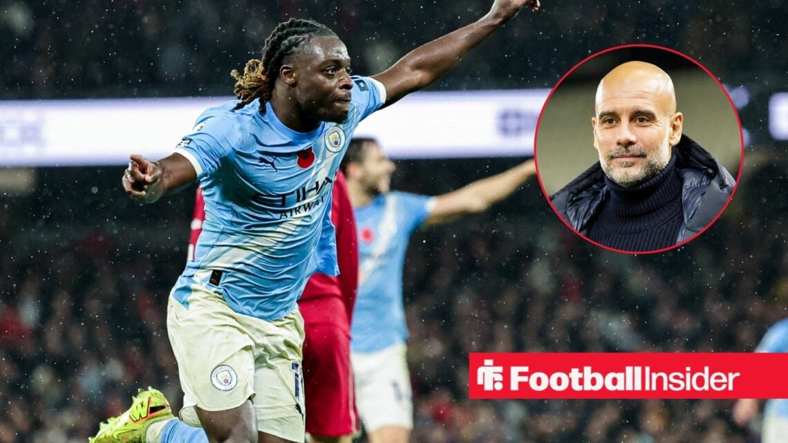 Jeremy Doku celebrates a goal for Manchester City, as Pep Guardiola smiles in a circular inset.