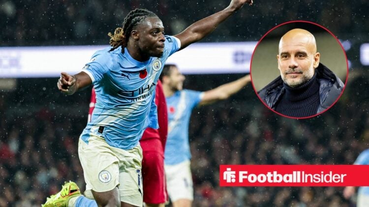 Jeremy Doku celebrates a goal for Manchester City, as Pep Guardiola smiles in a circular inset.