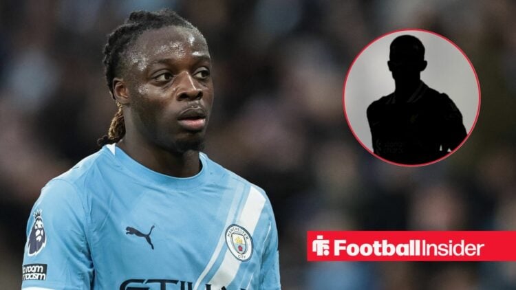 Jeremy Doku playing for Man City, Trent Alexander-Arnold's silhouette in a circular inset