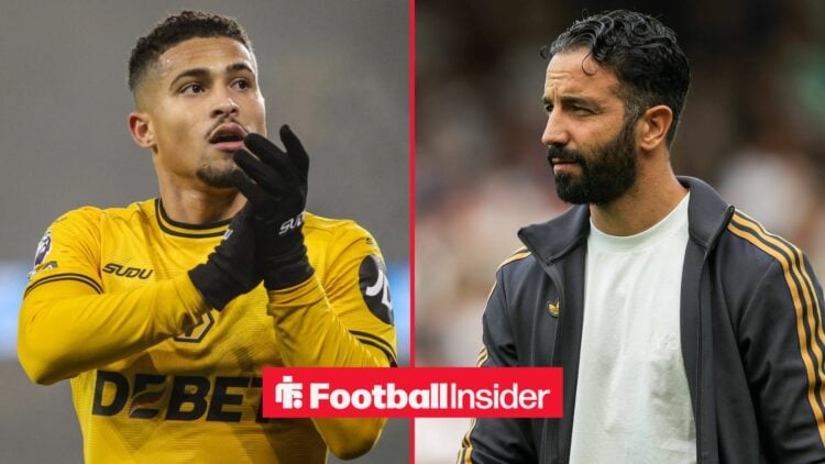 Joao Gomes clapping alongside Man United manager Ruben Amorim