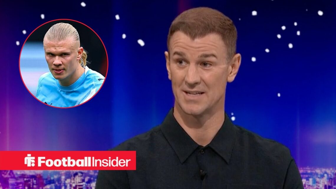 Joe Hart in the Match of the Day studio as Erling Haaland features in a circular inset.