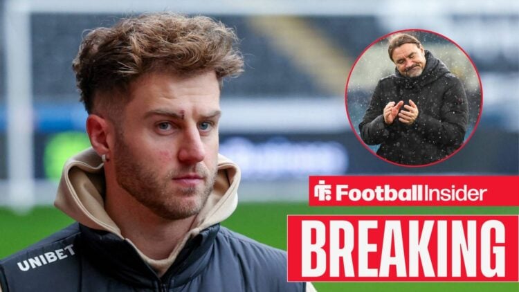 Joe Rodon in a coat, Daniel Farke in a circular inset