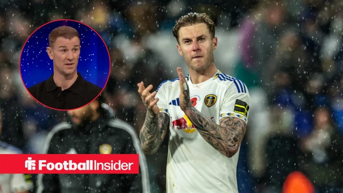 Joe Rodon applauds after a game for Leeds United, as Joe Hart watches in a circular inset.