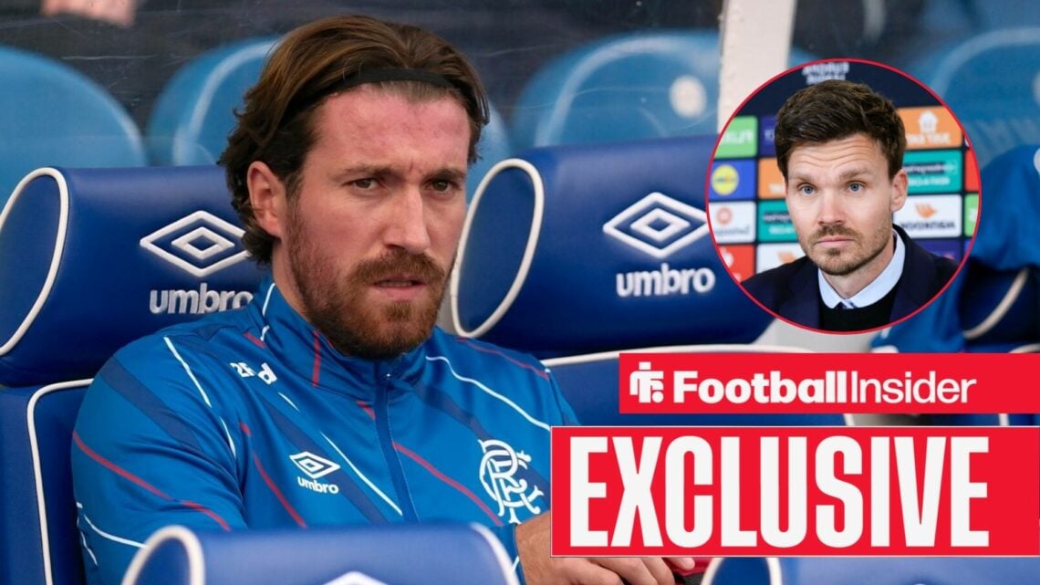 Football Insider exclusive as Joe Rothwell sits on the bench for Rangers, while manager Danny Rohl looks frustrated in a circular inset.