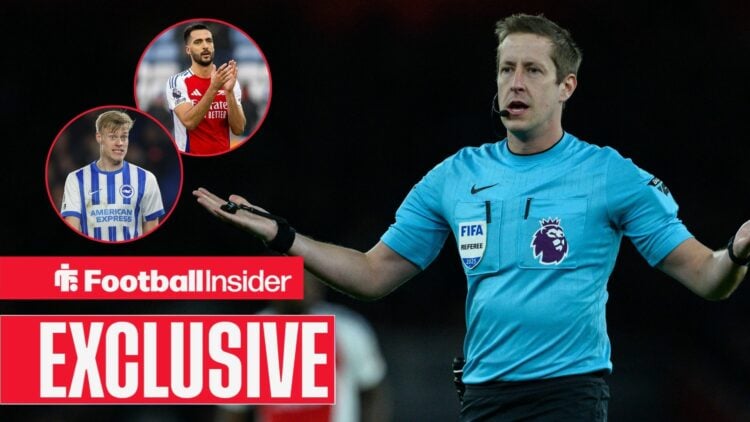 John Brooks refereeing, Jan Paul van Hecke and Mikel Merino in circular insets