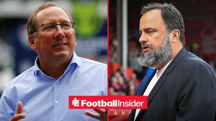 John Textor looking confused alongside Evangelos Marinakis looking concerned