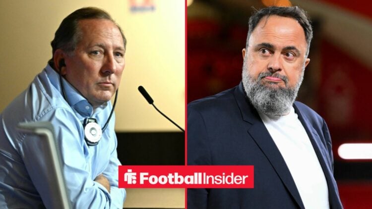 John Textor looking concerned alongside Evangelos Marinakis at the City Ground