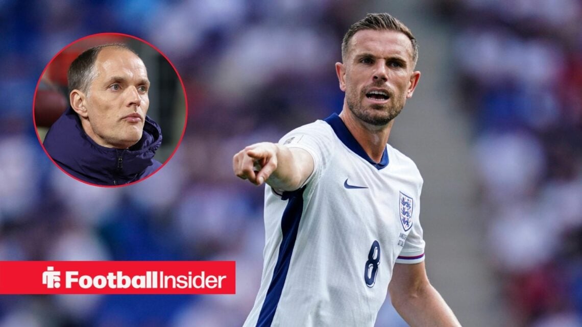 Jordan Henderson points during a game for England, as manager Thomas Tuchel watches in a circular inset.