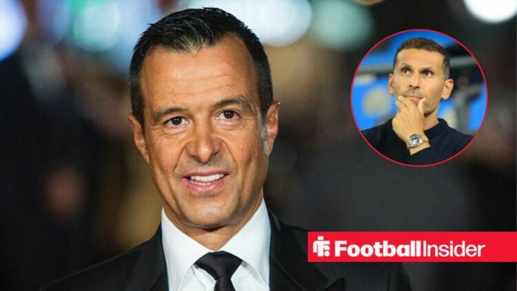Agent Jorge Mendes smiles as Manchester City chairman Khaldoon Al Mubarak looks pensive in a circular inset.
