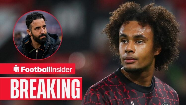 Joshua Zirkzee at Old Trafford, Ruben Amorim in a circular inset